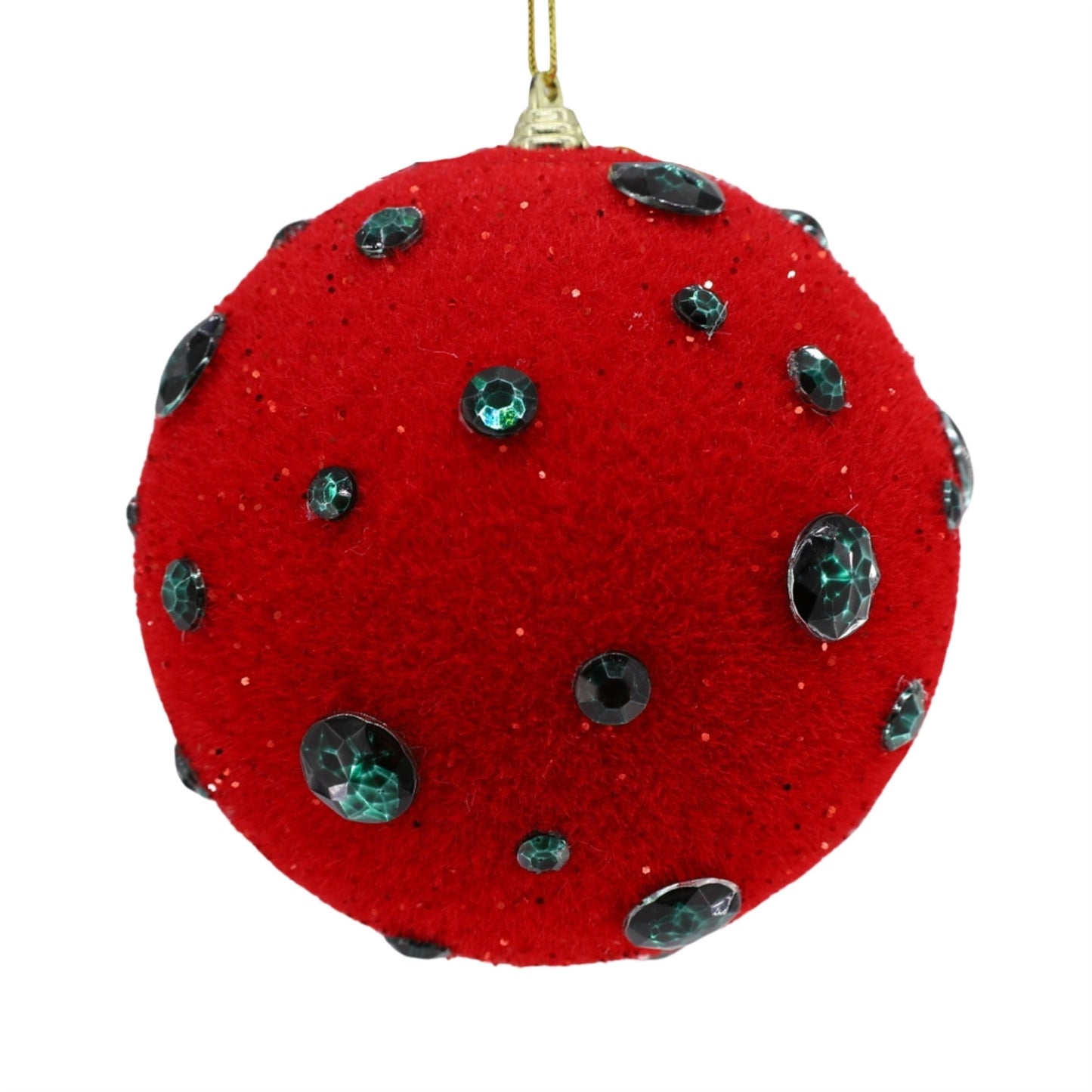Flocked Ball w/ Jewels Ornament 6" - Red/Green