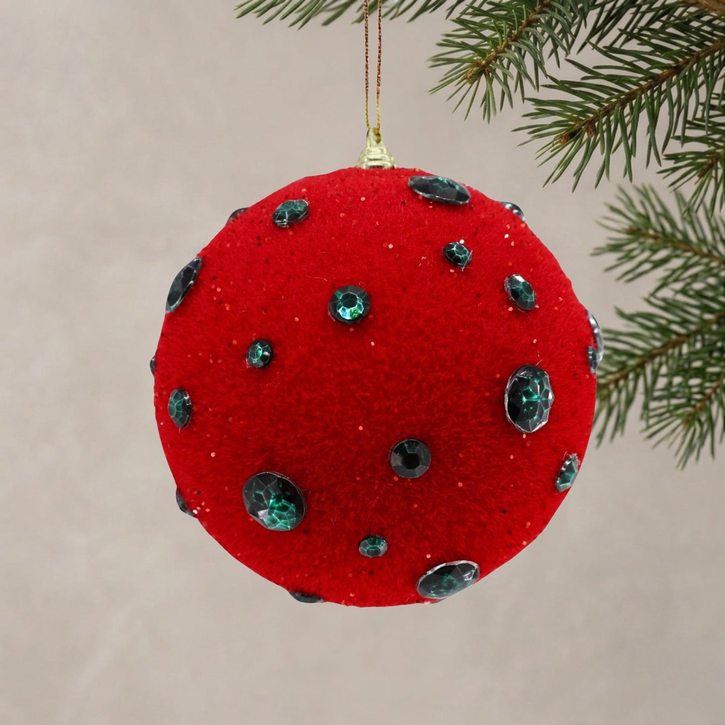 Flocked Ball w/ Jewels Ornament 6" - Red/Green
