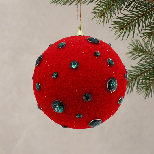 Flocked Ball w/ Jewels Ornament 6" - Red/Green | ZT