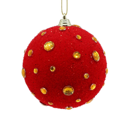 Flocked Ball w/ Jewels Ornament 4" - Red/Gold