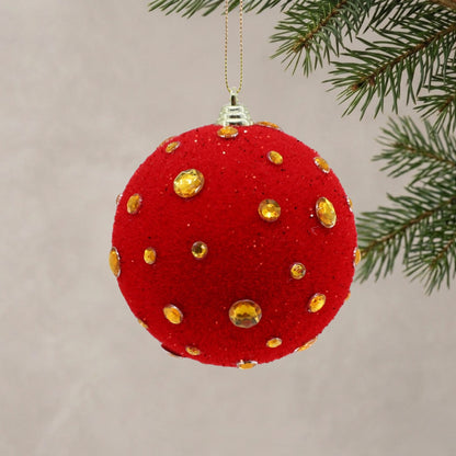 Flocked Ball w/ Jewels Ornament 4" - Red/Gold