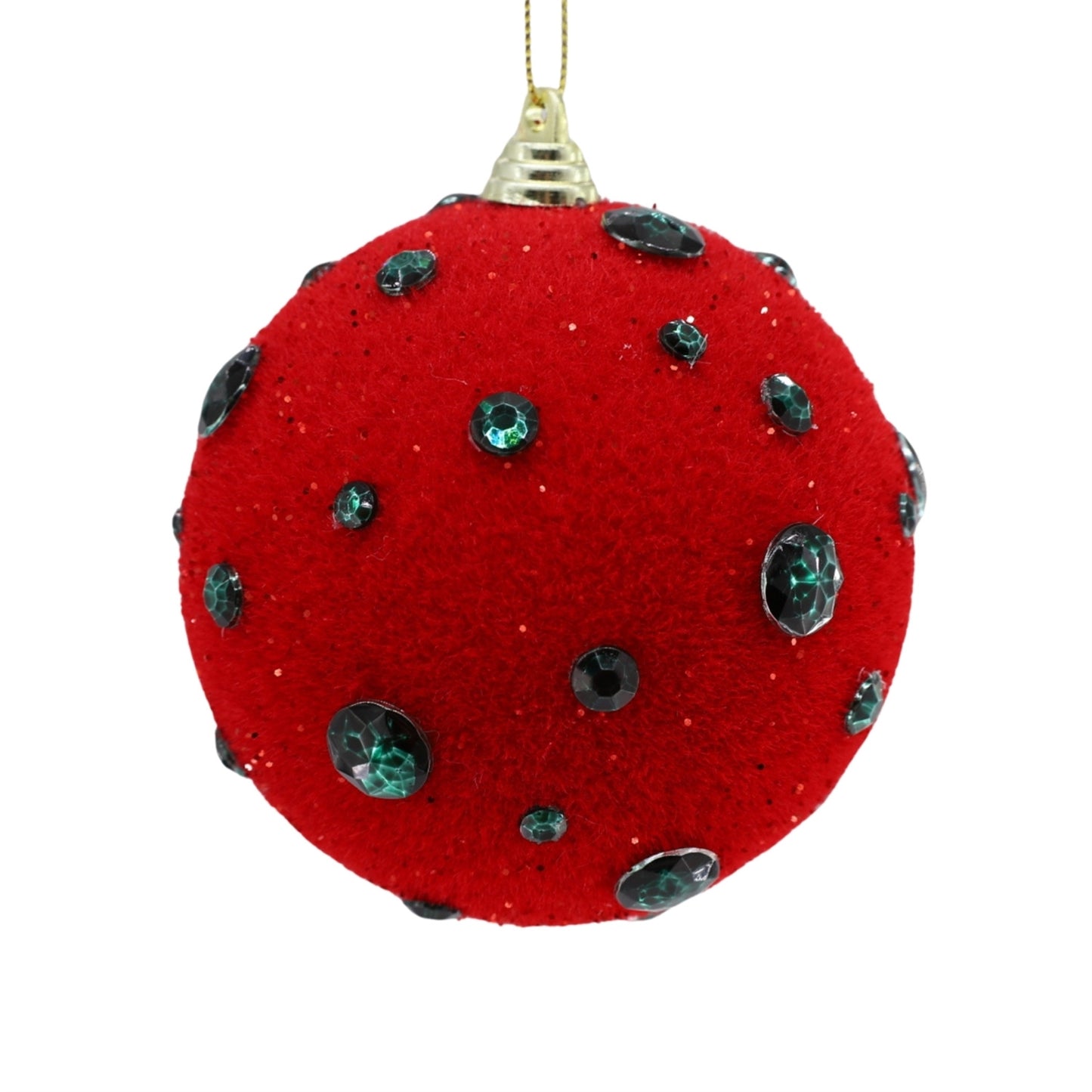 Flocked Ball w/ Jewels Ornament 4" - Red/Green