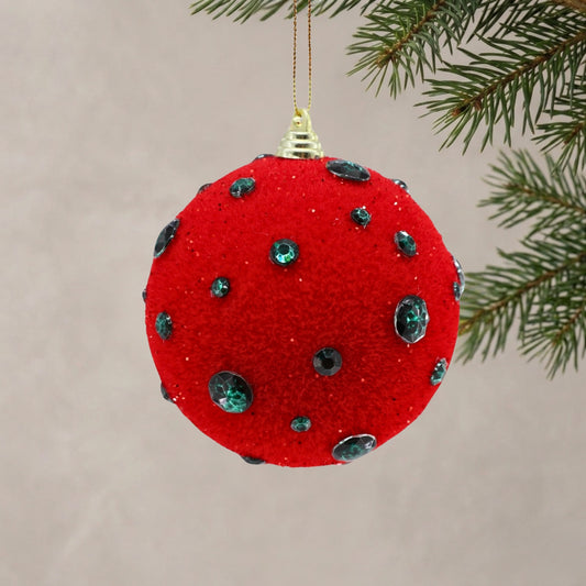 Flocked Ball w/ Jewels Ornament 4" - Red/Green | ZT