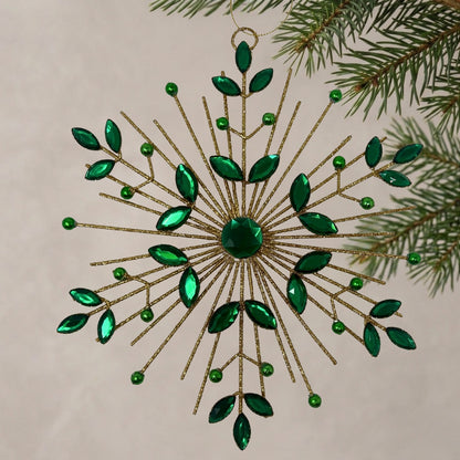 Jeweled Metal Glittered Snowflake Ornament 9.5" - Emerald | YK