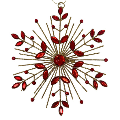 Jeweled Metal Glittered Snowflake Ornament 9.5" - Red | YK