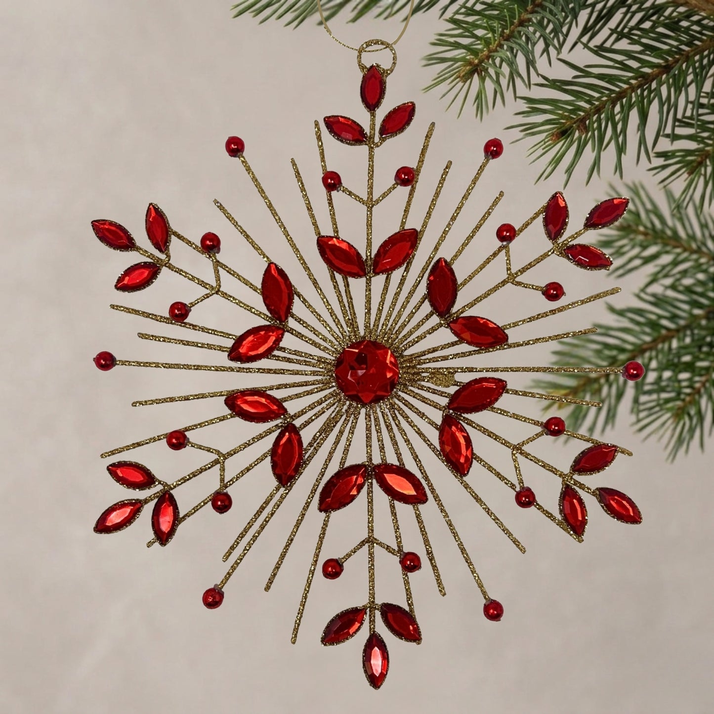 Jeweled Metal Glittered Snowflake Ornament 9.5" - Red | YK