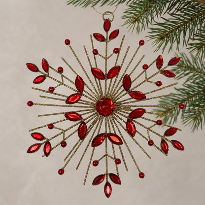Jeweled Metal Glittered Snowflake Ornament 9.5" - Red | YK