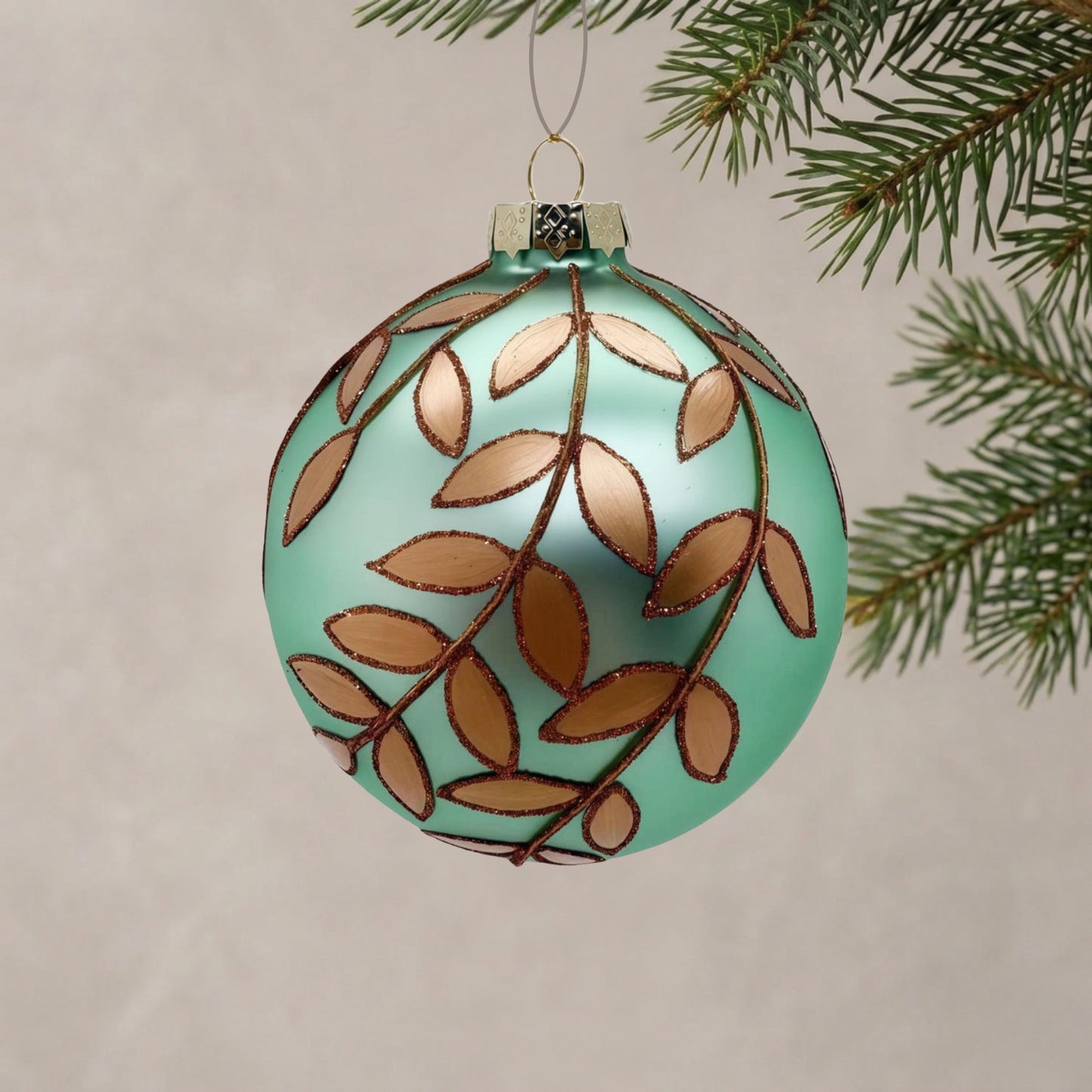 Bronze Leaves on Aqua Glass Ornament 4.5" | TG