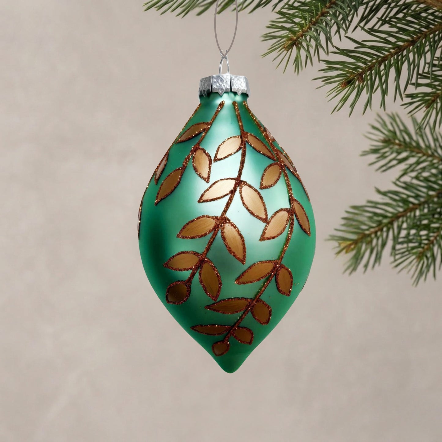 Bronze Leaves on Aqua Glass Finial 6.25" | TG