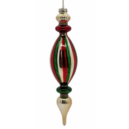 Red Green Gold Stripe Glass Finial Ornament 12.5" | TG