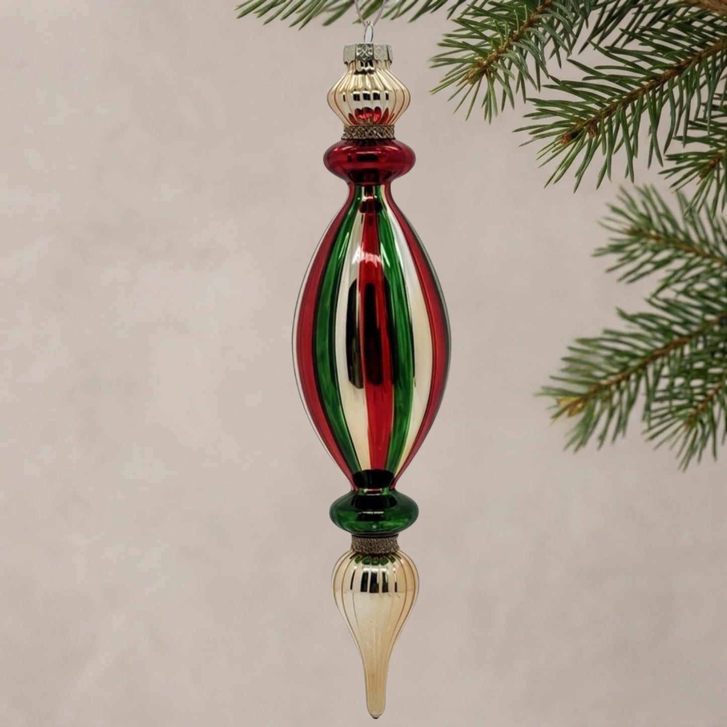Red Green Gold Stripe Glass Finial Ornament 12.5" | TG
