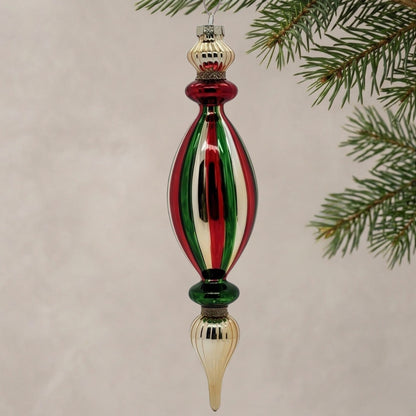 Red Green Gold Stripe Glass Finial Ornament 12.5" | TG