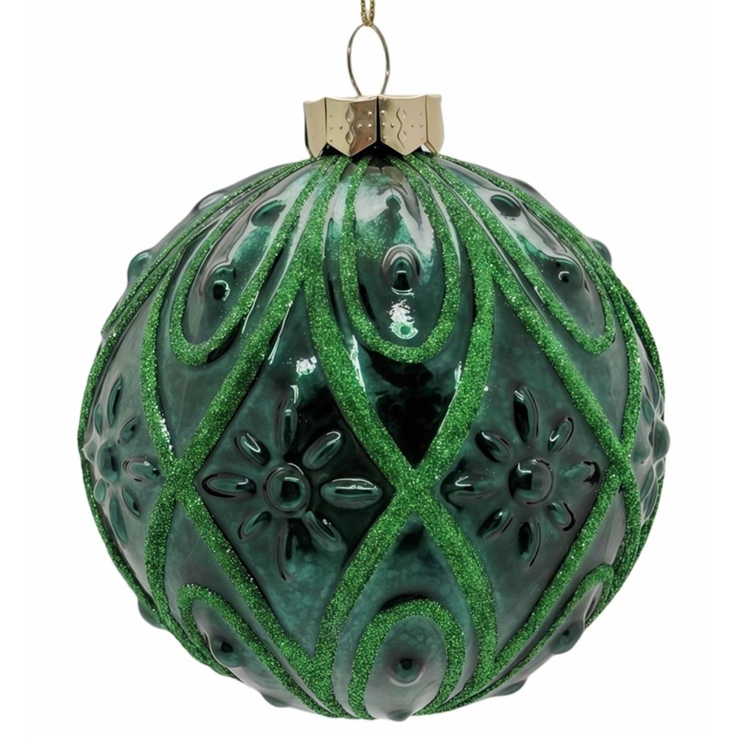Deep Green Glass Ball Ornament w/ Green Design 4.5" | TG
