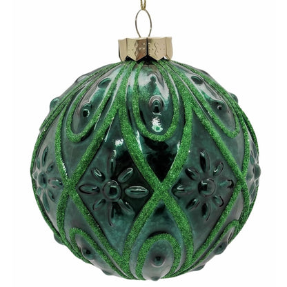 Deep Green Glass Ball Ornament w/ Green Design 4.5" | TG