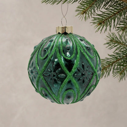 Deep Green Glass Ball Ornament w/ Green Design 4.5" | TG