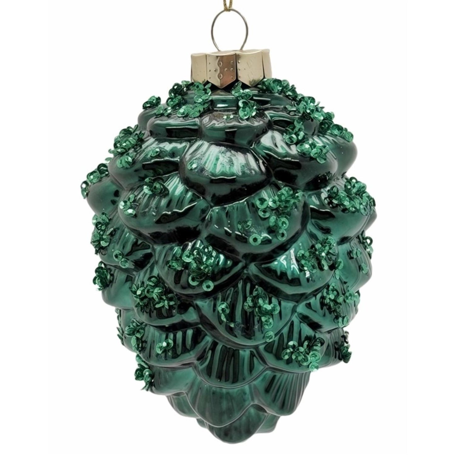 Deep Green Beaded Glass Pinecone Ornament 5.5" | TG