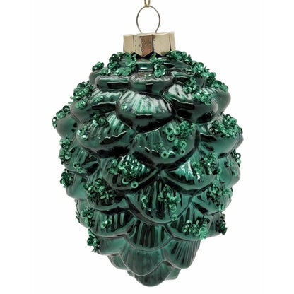 Deep Green Beaded Glass Pinecone Ornament 5.5" | TG