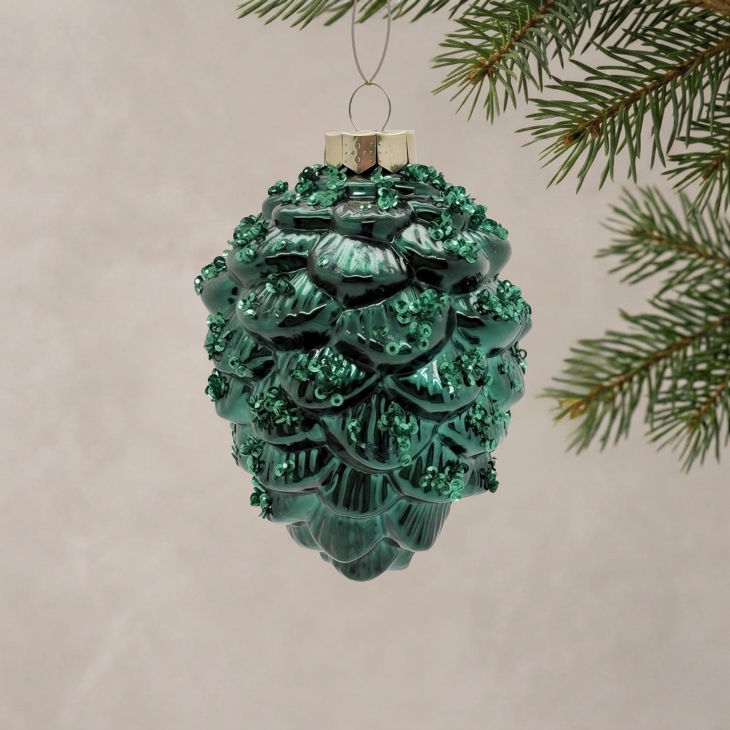 Deep Green Beaded Glass Pinecone Ornament 5.5" | TG