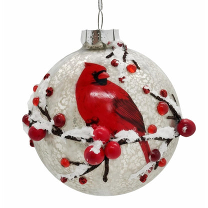 Cardinal w/ Berries Glass Ornament 4.5" | TG
