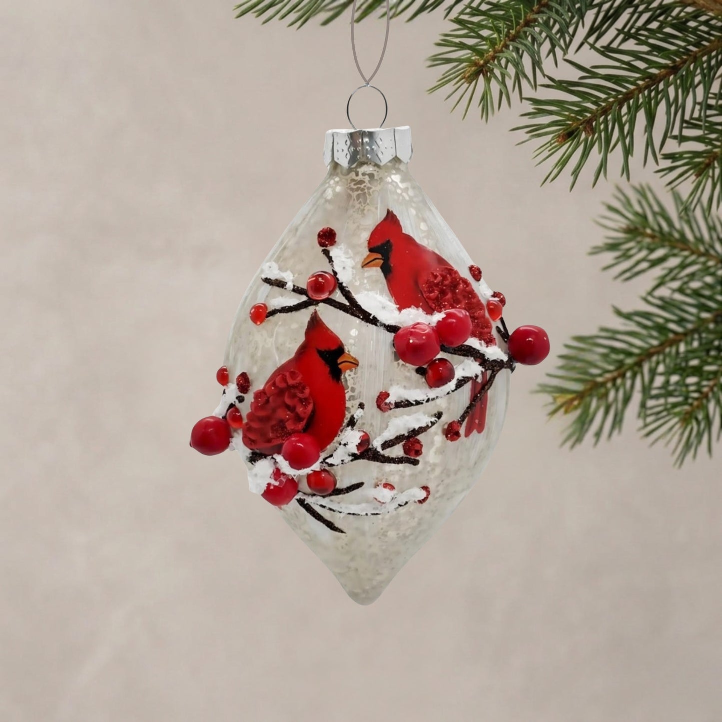 Cardinal w/ Berries Glass Finial 6.25 | TG