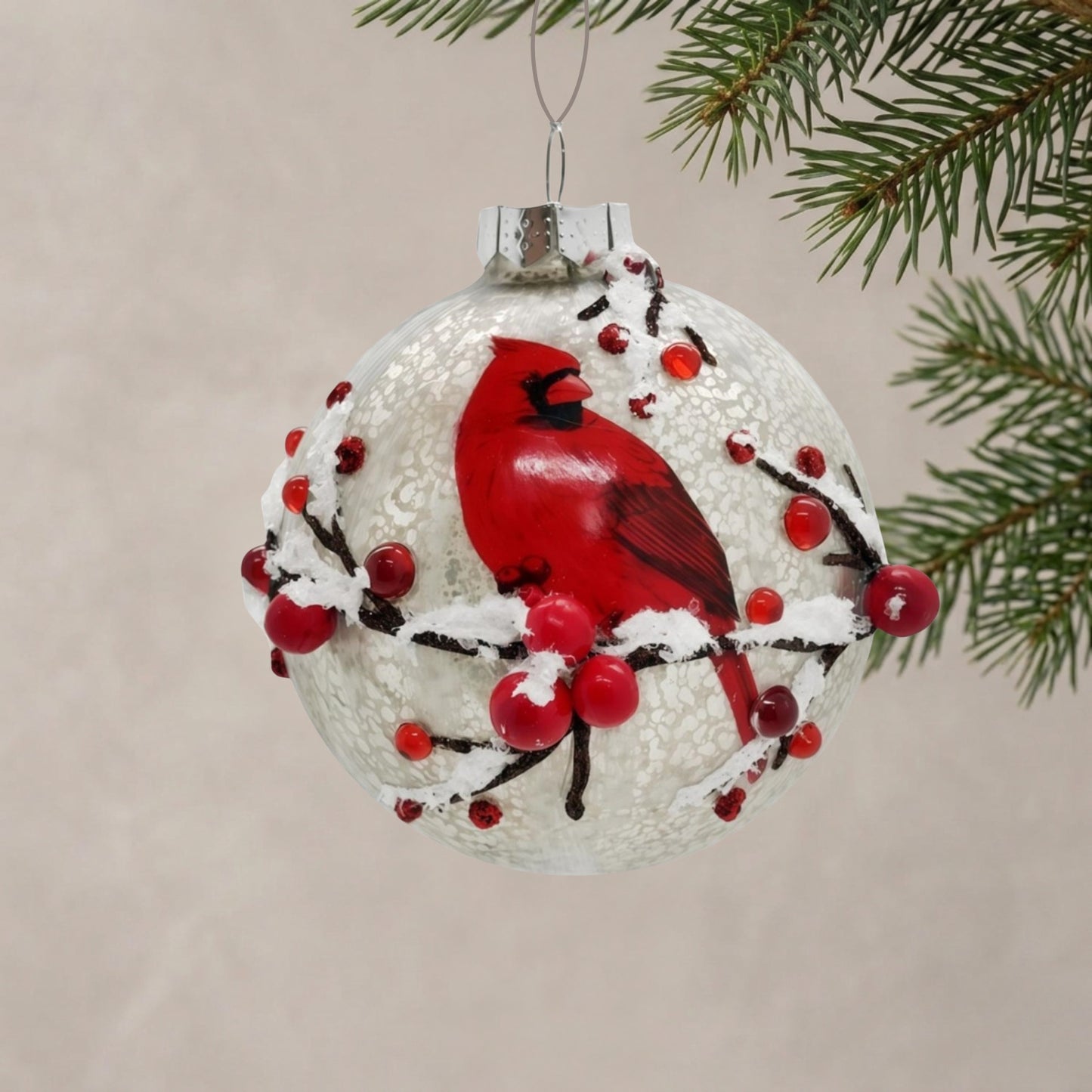 Cardinal w/ Berries Glass Ornament 4.5" | TG