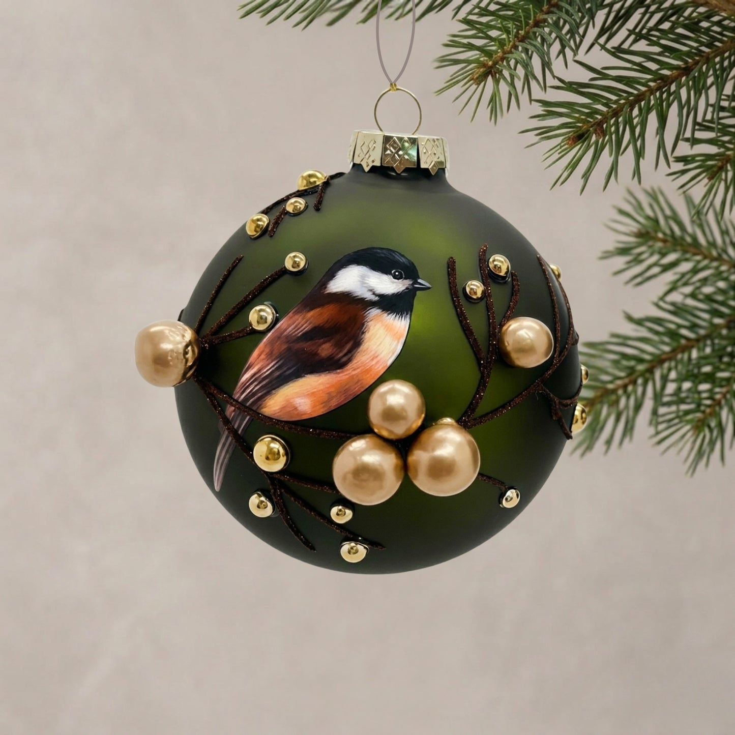 Chickadee w/ Gold Berries Glass Ornament 4.5" | TG