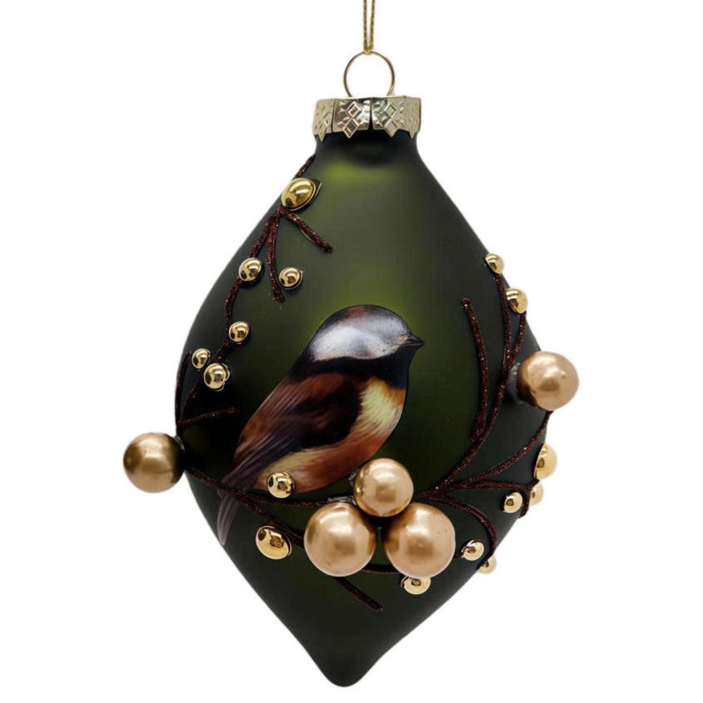 Chickadee w/ Gold Berries Glass Ornament 6.25" | TG