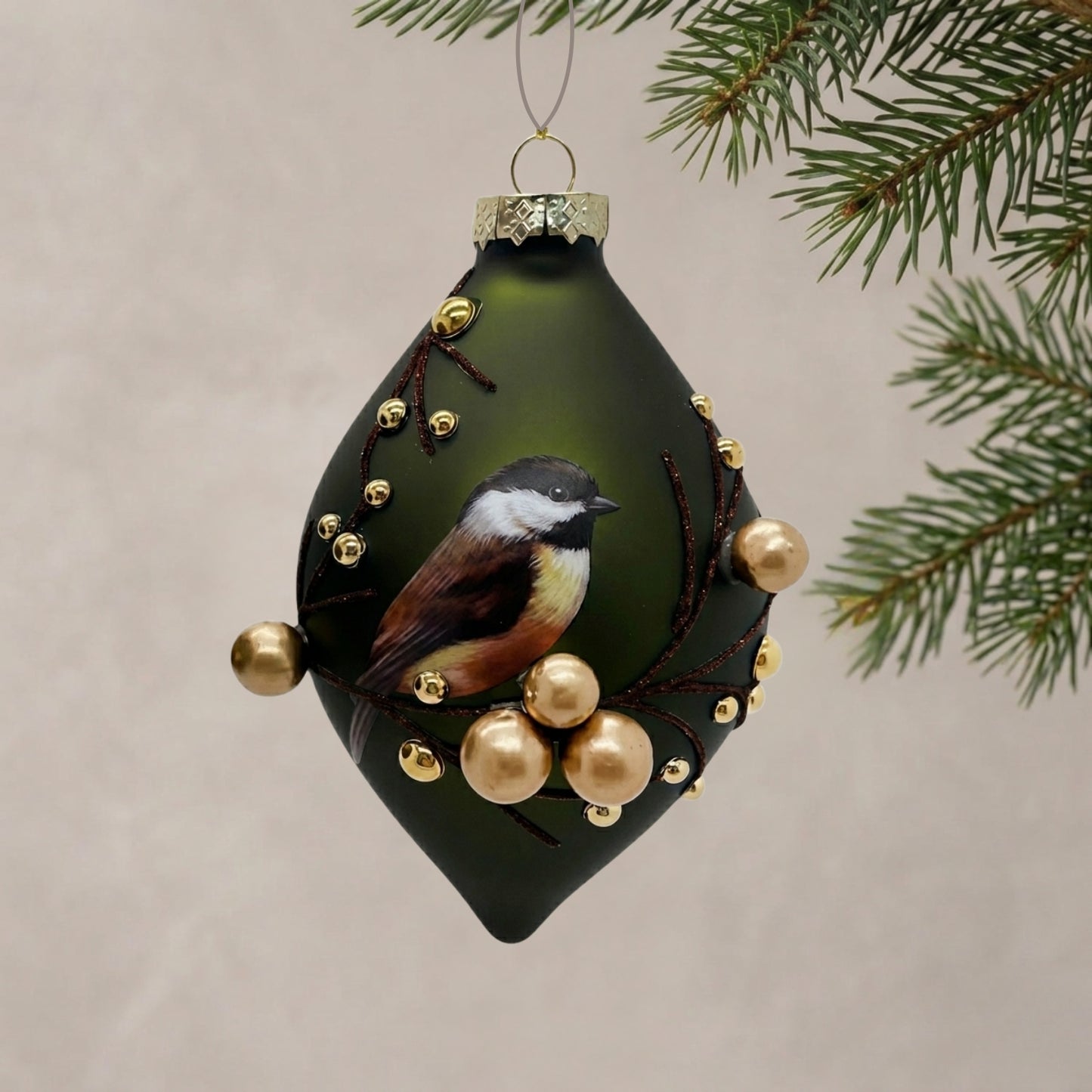 Chickadee w/ Gold Berries Glass Ornament 6.25" | TG