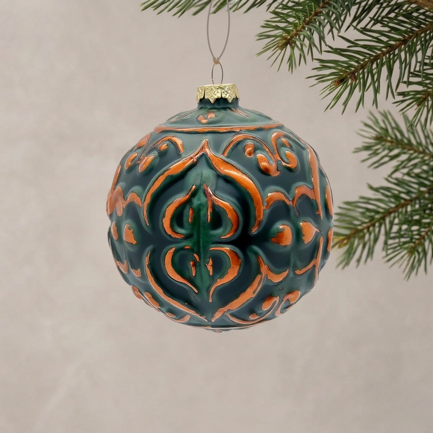 Bronze/Green Patina Embossed Glass Ball Ornament 4.5" (style 2) | TG