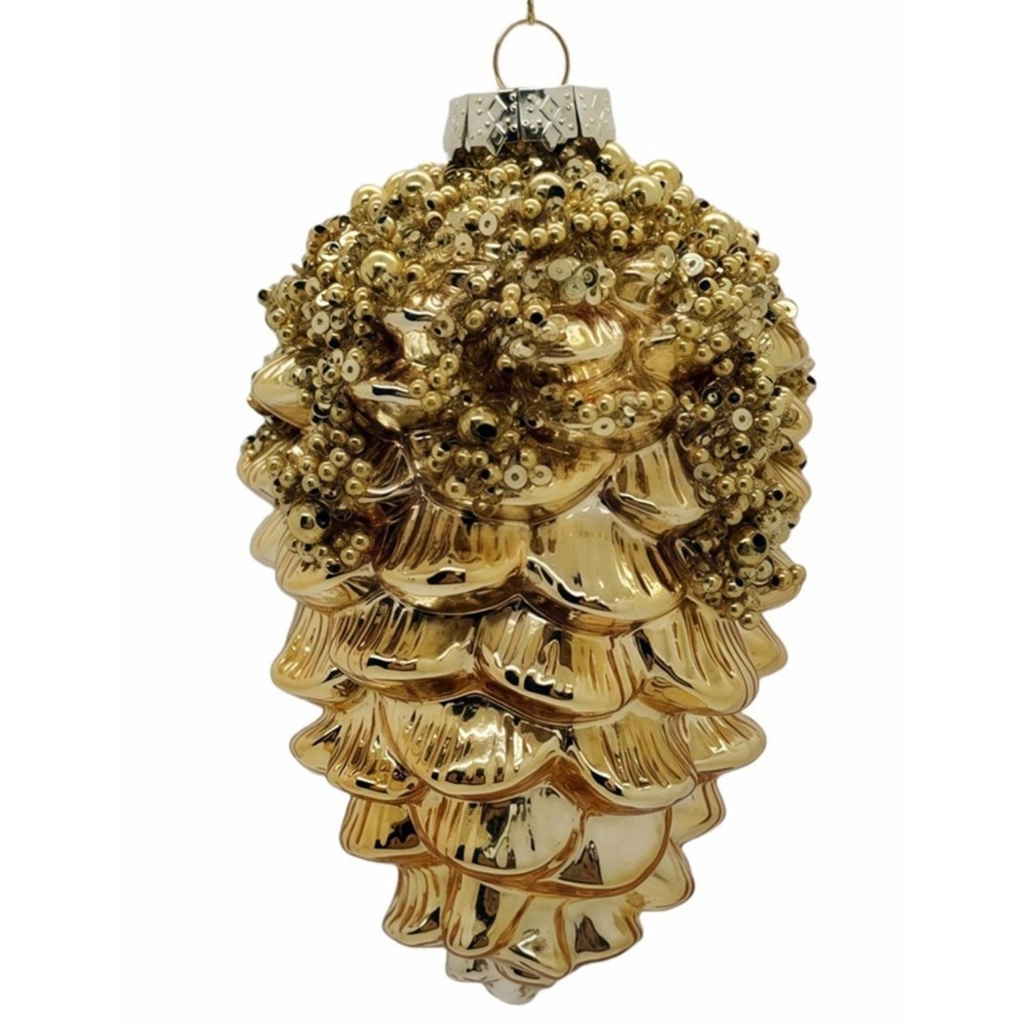 Golden Beaded Pinecone Glass Ornament 5.5" | TG