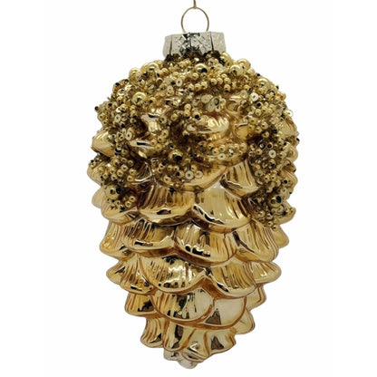 Golden Beaded Pinecone Glass Ornament 5.5" | TG
