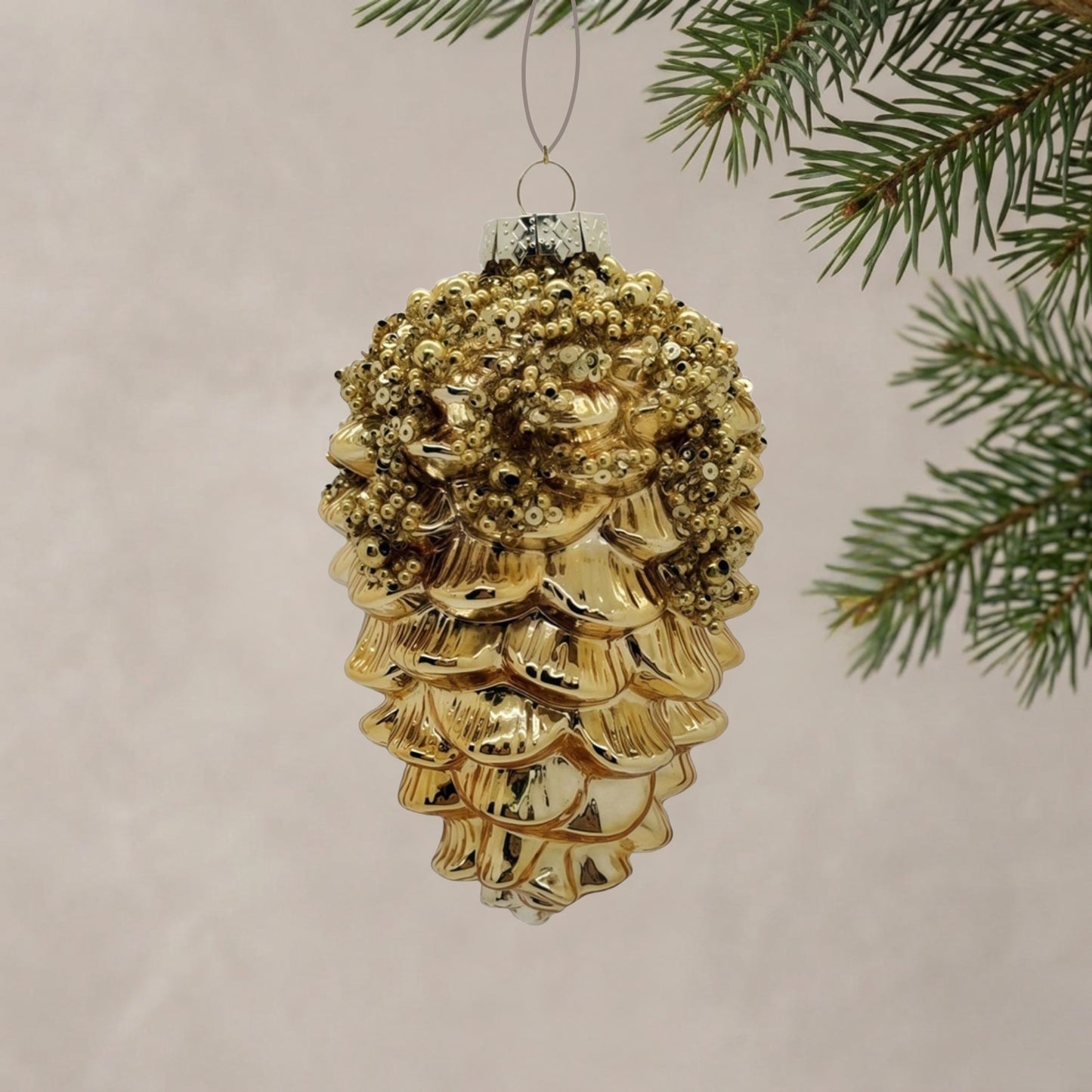 Golden Beaded Pinecone Glass Ornament 5.5" | TG