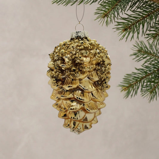 Golden Beaded Pinecone Glass Ornament 5.5" | TG