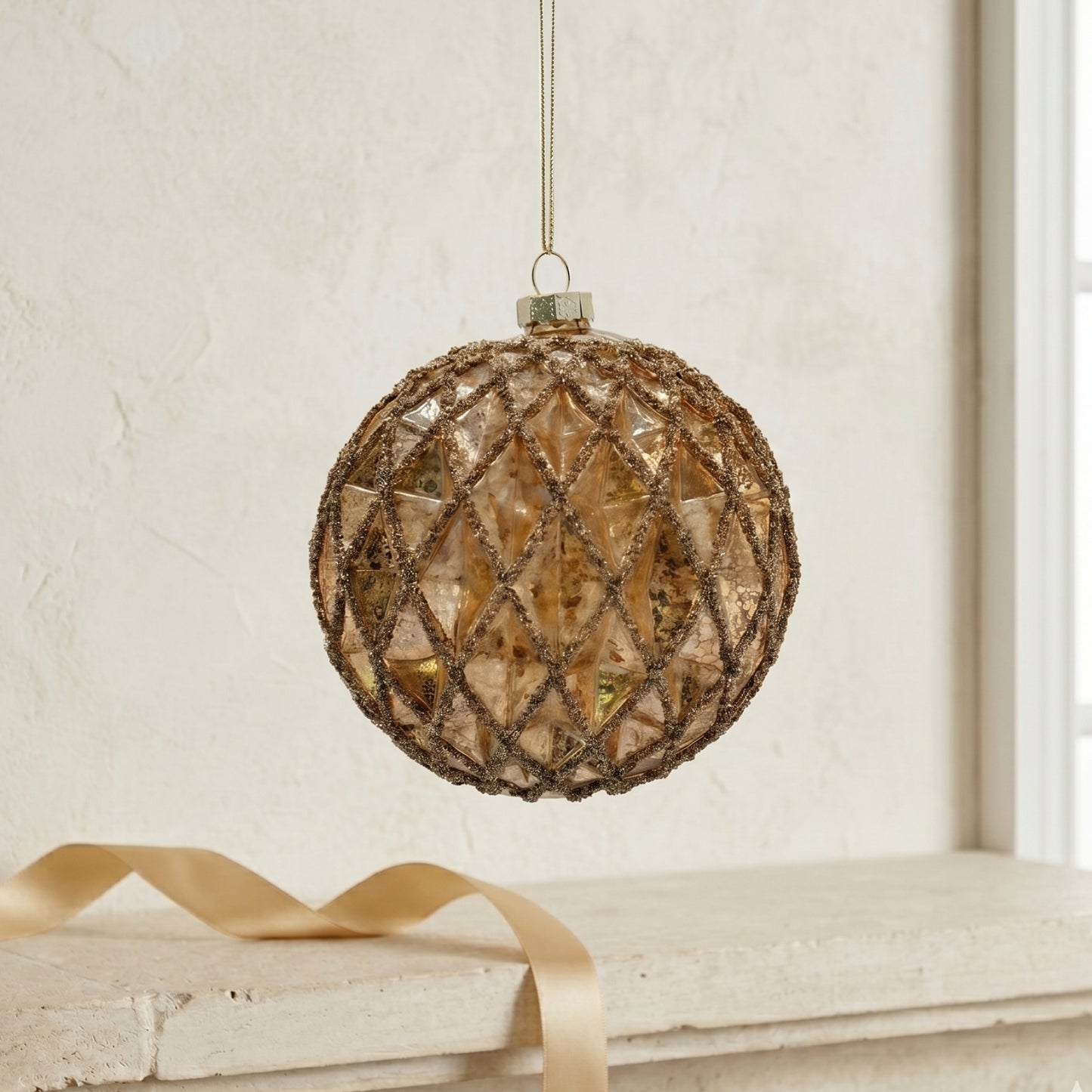 Vintage Estate Gold Glass Ball Ornament 4.5" | TG