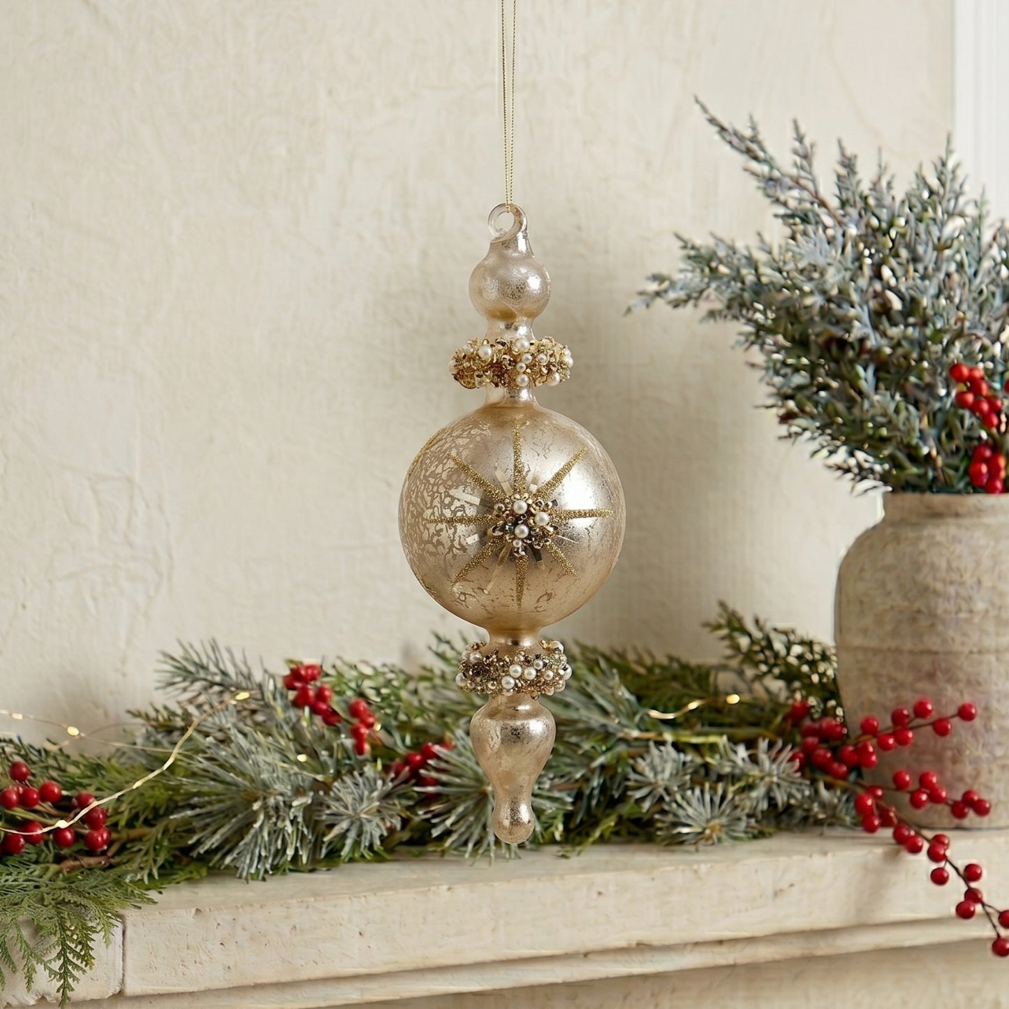 Golden Pearls Estate Glass Finial Ornament 8" | TG