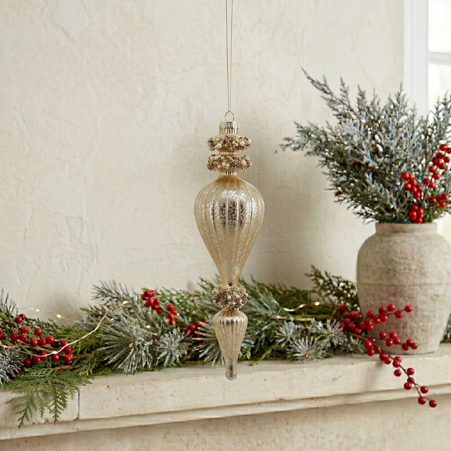 Golden Pearls Estate Glass Finial Ornament 9.5" | TG