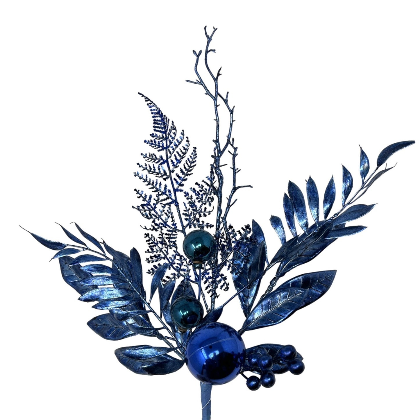 Mixed Metallic/Glitter Ball Foliage Pick 15.5" - Dark Blue | KS