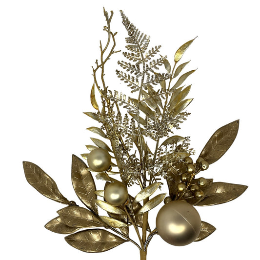 Mixed Metallic/Glitter Ball Foliage Pick 15.5" - Gold | KS