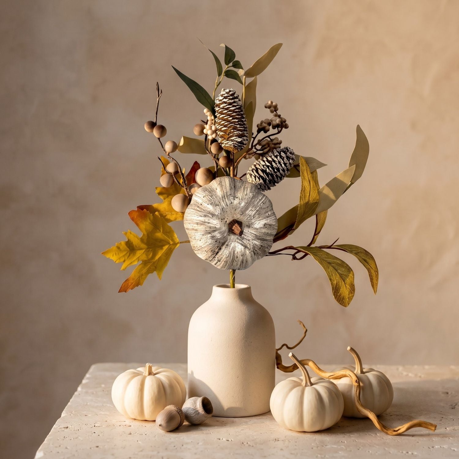 Autumn floral arrangement in a matte cream ceramic vase, featuring a weathered white pumpkin, yellow and brown leaves, pinecones, acorns, and small berries, styled on a stone surface with miniature pumpkins against a warm beige wall.