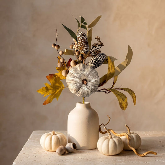 Autumn floral arrangement in a matte cream ceramic vase, featuring a weathered white pumpkin, yellow and brown leaves, pinecones, acorns, and small berries, styled on a stone surface with miniature pumpkins against a warm beige wall.