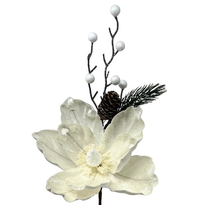 Velvet Magnolia Glitter Berry Pick 18" - White | DB