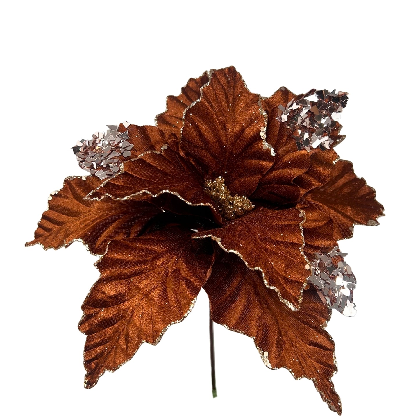 Chocolate Velvet Poinsettia w/ Champagne Sequins 15" H 13" Dia | DB