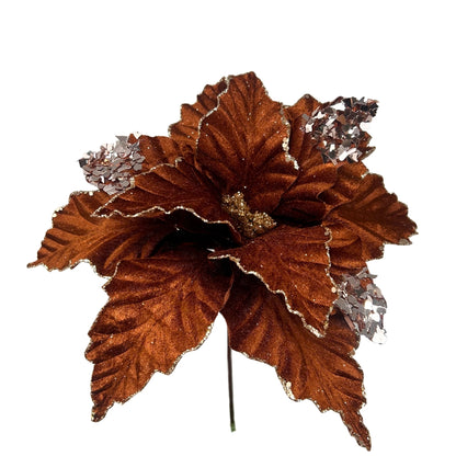Chocolate Velvet Poinsettia w/ Champagne Sequins 15" H 13" Dia | DB