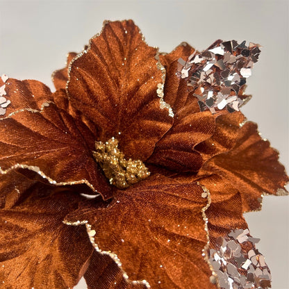 Chocolate Velvet Poinsettia w/ Champagne Sequins 15" H 13" Dia | DB