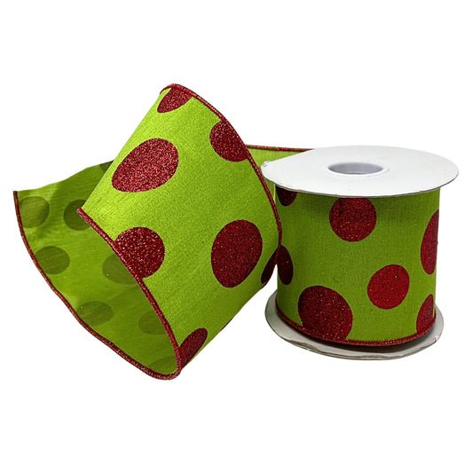 Apple Green Faux Dupioni Ribbon w/ Red Glitter Dots 4" x 10yd | IR
