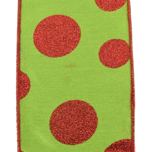 Apple Green Faux Dupioni Ribbon w/ Red Glitter Dots 4" x 10yd | IR