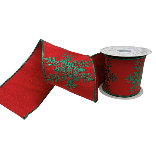 4" x 10 yd Red Faux Dupioni with Emerald Snowflake | IR