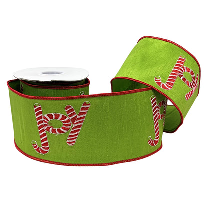 Green Faux Dupioni Ribbon with Candy Striped "Joy" 4" x 10yd