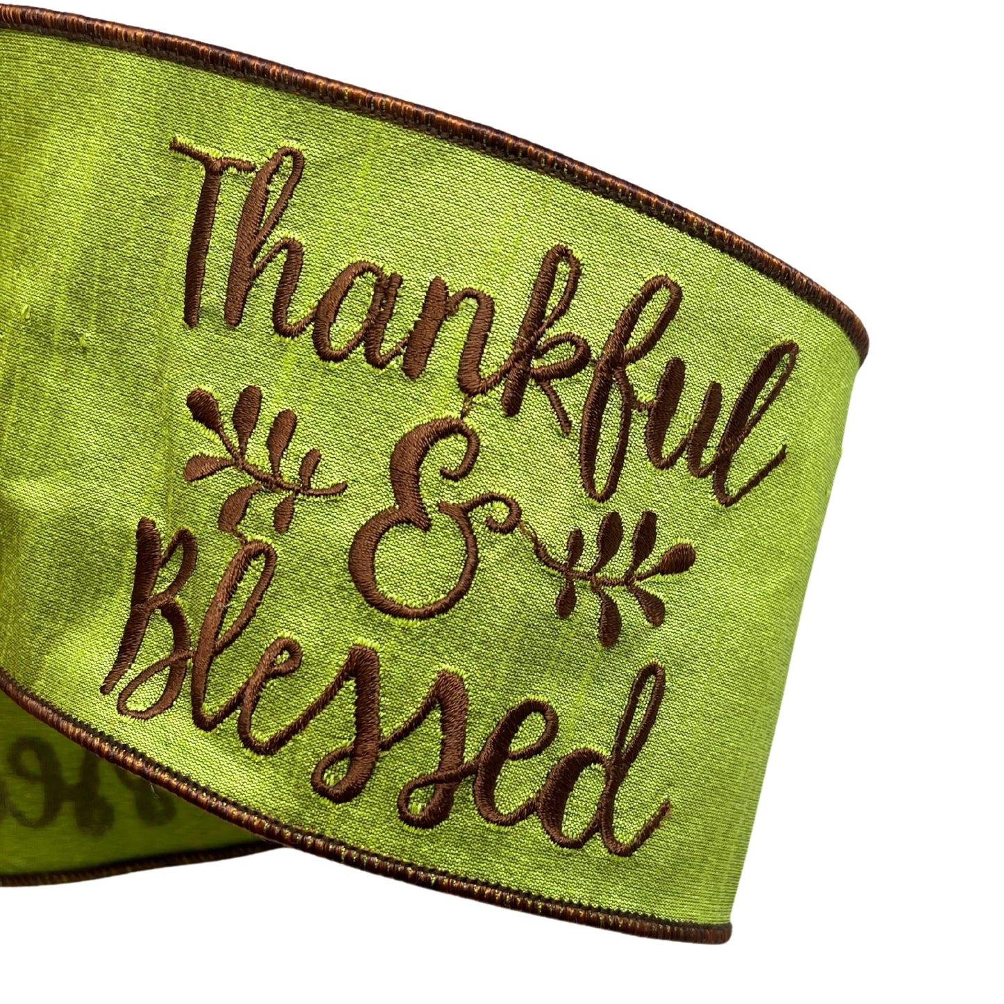 Lemongrass Faux Dupioni "Thankful and Blessed" Brown Embroidery Ribbon with Brown Edge 4" x 10yd