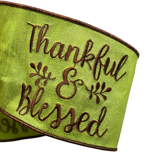 Lemongrass Faux Dupioni "Thankful and Blessed" Brown Embroidery Ribbon with Brown Edge 4" x 10yd